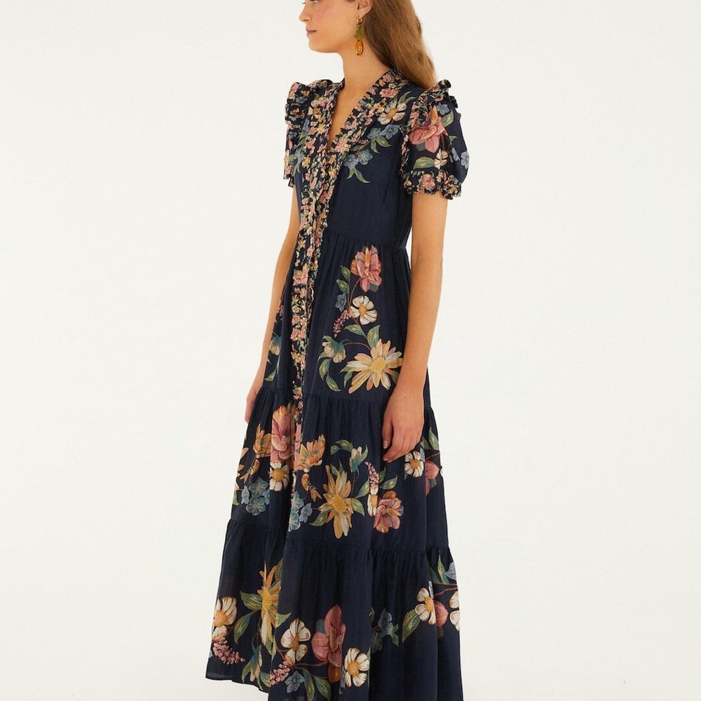 FARM Rio Navy Floral Tiered Maxi Dress with Puff Sleeves - Picture 2 of 4